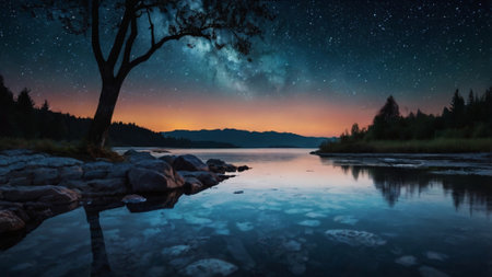 Beautiful night landscape with starry sky and milky way over mountain lakeの写真素材