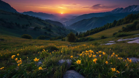 Sunset in the mountains with yellow flowers. Carpathians, Ukraineの写真素材