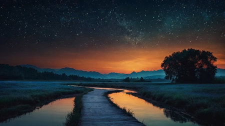 Beautiful night landscape with milky way and starry sky.の写真素材