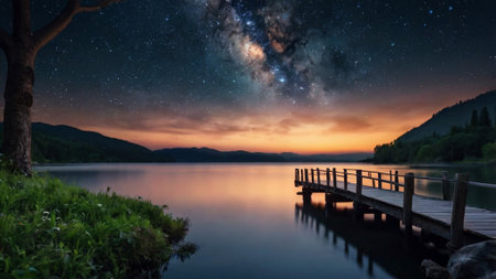 Milky way over the lake at night with starry sky.の写真素材