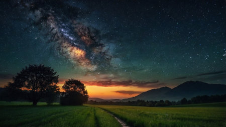 Milky Way over the field with trees and mountains in the background