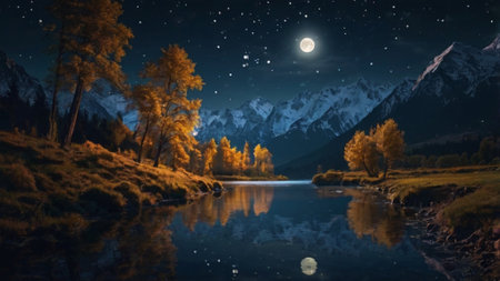 Mountain lake at night with moon and stars. 3d renderingの写真素材