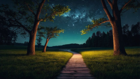 Night landscape with starry sky, trees and path in the park