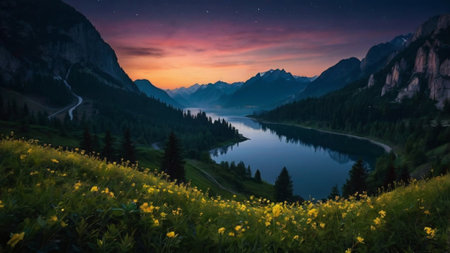 Sunset over the lake in the Dolomites, Italy.の写真素材