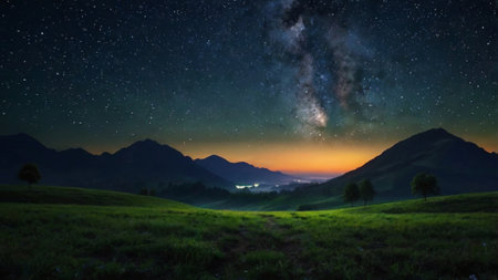 Milky Way over the mountains in the summer. Beautiful landscape with starry sky and milky way.の写真素材