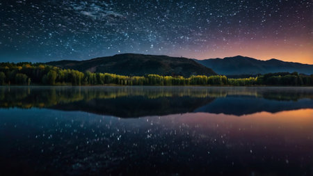 Landscape of mountain lake at night with starry sky and reflectionの写真素材