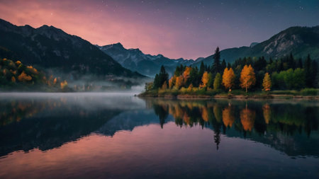 Mountain lake at night with fog and reflection of mountains in waterの写真素材