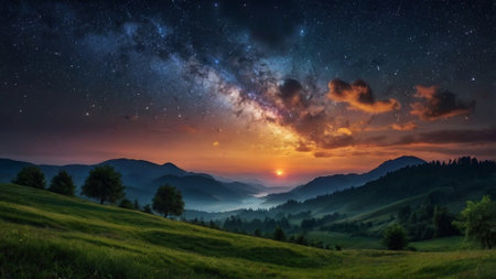 Beautiful night landscape with milky way and stars in the sky
