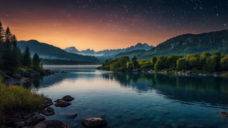 Panoramic view of the mountain lake at night with starry skyの写真素材