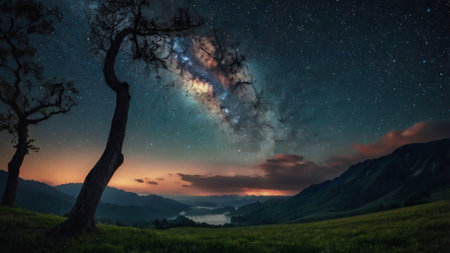 Milky Way over the lake in the mountains with trees and starsの写真素材