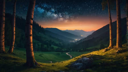 Fantastic night landscape with starry sky over the mountains.の写真素材