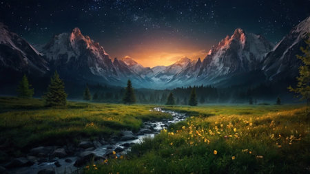 Fantastic landscape with mountain river and forest at night. Beautiful nature background.の写真素材