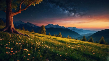 Fantastic sunset in the mountains. Dramatic scene. Carpathian, Ukraine, Europe. Beauty world.の写真素材