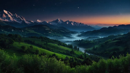 Mountain landscape at night. Panoramic view of the mountains.の写真素材