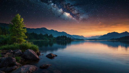 Milky way over mountain lake at night with starry sky.の写真素材