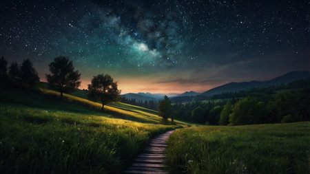 Night landscape with starry sky and milky way in Carpathian mountains