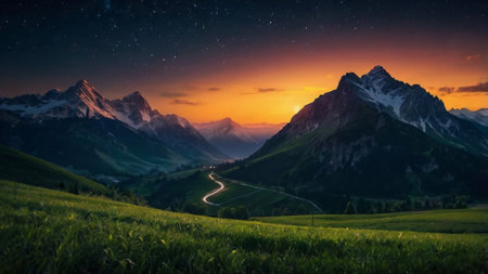 Beautiful sunset over the alpine meadows. Landscape with mountains.の写真素材