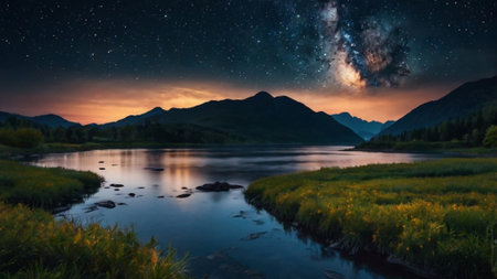 Milky way over a mountain lake at night. Panoramic view.の写真素材