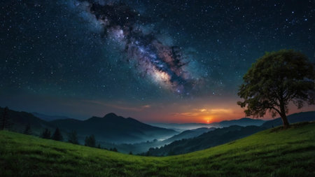 Milky Way over a green meadow in the mountains at nightの写真素材