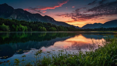 Sunset over lake with reflection of mountains in the water, Austriaの写真素材