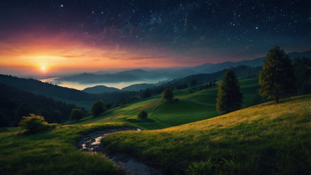 Fantastic starry night in the mountains. Dramatic scene. Beauty world.の写真素材