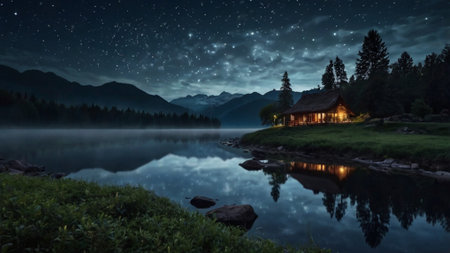 Fantastic night landscape with lake and wooden house at night.の写真素材