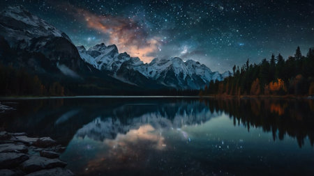 Mountains reflected in the lake at night with stars and milky wayの写真素材
