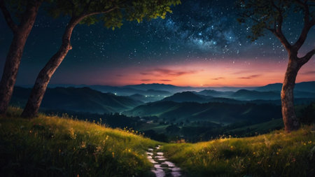 Beautiful night landscape with starry sky, mountains and forest.の写真素材