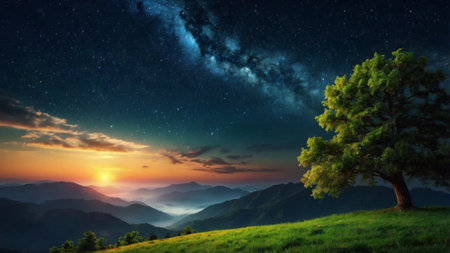 Beautiful night landscape with starry sky and trees in the mountainsの写真素材