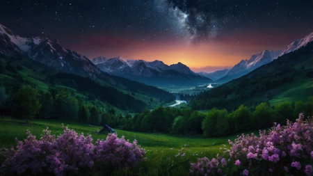 Mountain landscape at night with stars in the sky and pink rhododendronsの写真素材