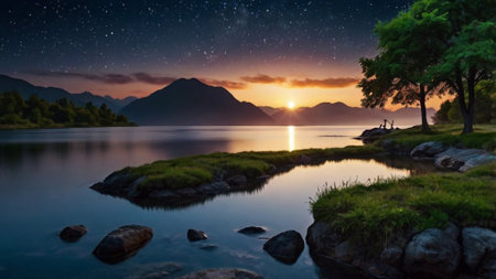 Landscape with lake and mountains at night. Long exposure shot.の写真素材