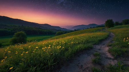 Beautiful summer landscape with starry sky, meadow and mountainsの写真素材