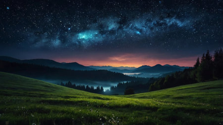 Mountain landscape with milky way and stars in the night skyの写真素材