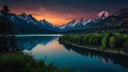 Beautiful mountain lake in the mountains at sunset. Landscape.の写真素材