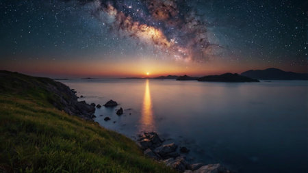 Milky way over the sea at night. Panoramic viewの写真素材