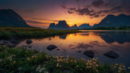 Dramatic sunset over the lake in the mountains. Landscape photographyの写真素材