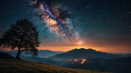 Milky Way over the mountains and a lonely tree in the foregroundの写真素材