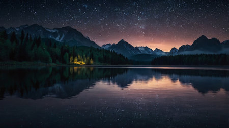 Mountain lake at night with starry sky and reflection in waterの写真素材