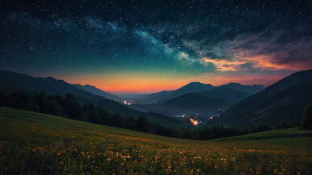 Milky way over the mountains at night. Panoramic view