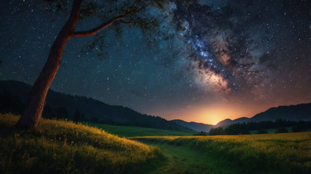 Milky Way over a meadow in the mountains at night.の写真素材