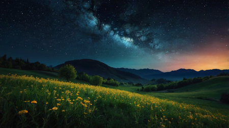 Milky Way over a meadow with yellow flowers and mountains in the backgroundの写真素材