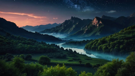 Beautiful summer landscape. Mountain lake in the mountains at night.の写真素材