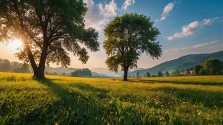 Beautiful summer landscape with a meadow and trees at sunset.の写真素材