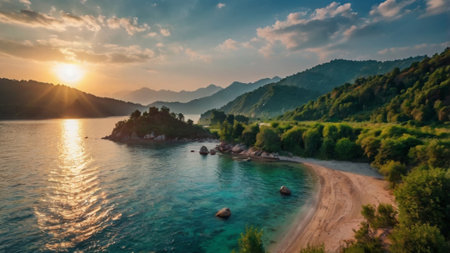 Aerial panorama of beautiful turquoise sea and mountains at sunsetの写真素材