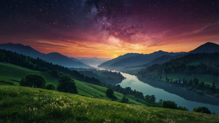 Fantastic starry sky over the river. Dramatic scene. Carpathian, Ukraine, Europe. Beauty world.の写真素材