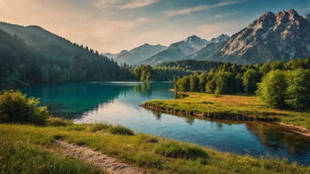 Panoramic view of idyllic alpine lake Brienzersee in summer, Bavaria, Germanyの写真素材