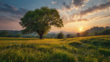 Tree in the meadow at sunset. Tuscany, Italyの写真素材