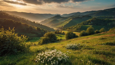 Sunset in the Carpathian mountains. Beautiful summer landscape.の写真素材