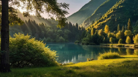 Landscape of beautiful alpine lake and forest in morning light.の写真素材