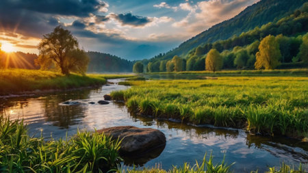 Mountain river in the Ukrainian Carpathian mountains at sunset.